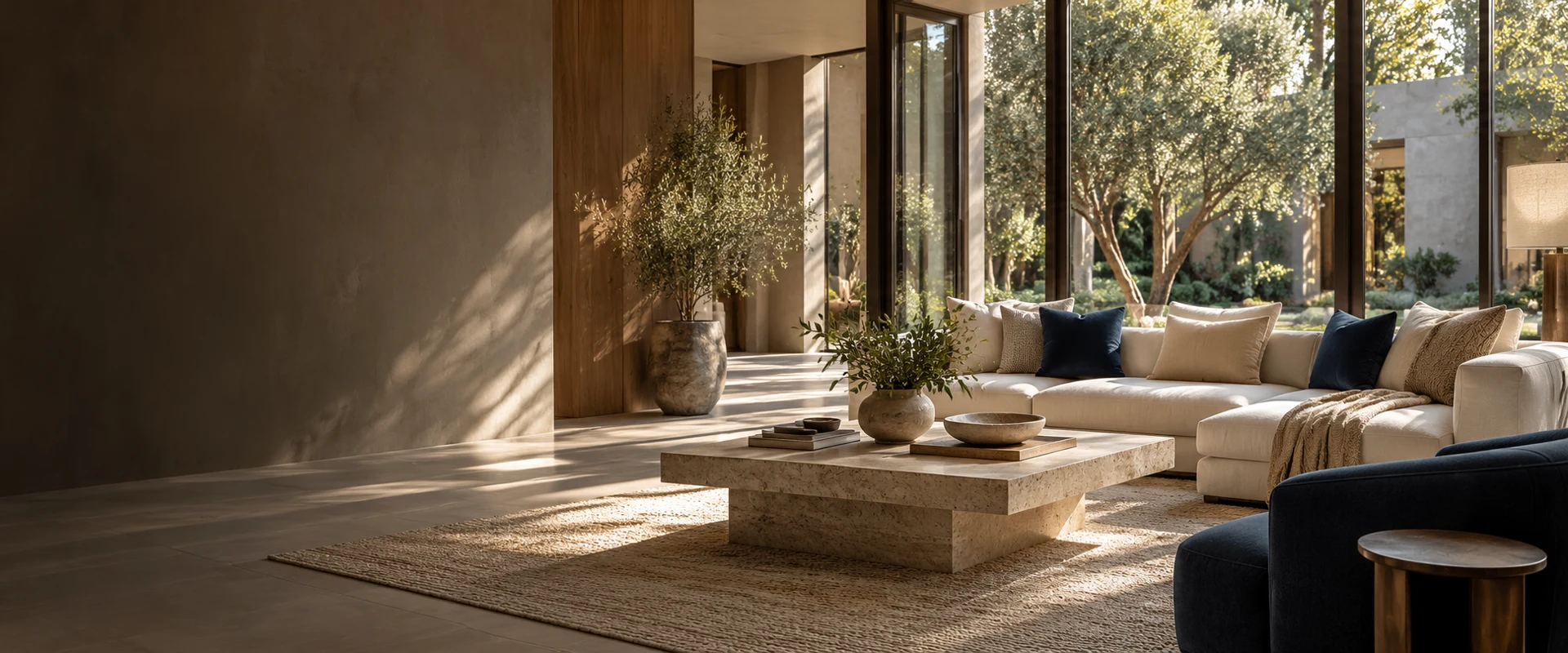 Interior inspiration: a serene contemporary living room with ivory seating, warm oak, and garden views